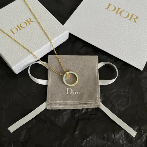 Dior Enamel Ring Pendant Necklace necklace Gold-tone metal with pale blue enamel 42cm with 5cm extender chain