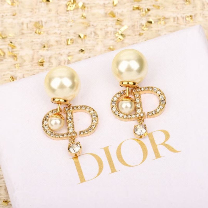 Dior Tribales CD Logo Pearl Earrings earrings Gold-tone metal cream white faux pearl clear crystal One Size drop length approx 2 5cm