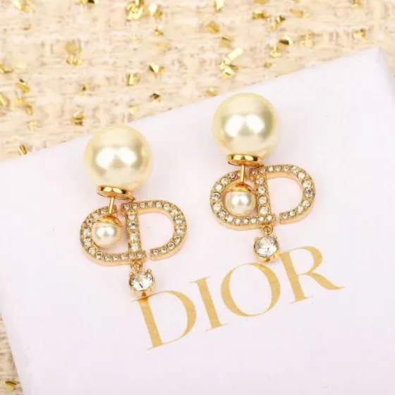 Dior Tribales CD Logo Pearl Earrings earrings Gold-tone metal cream white faux pearl clear crystal One Size drop length approx 2 5cm
