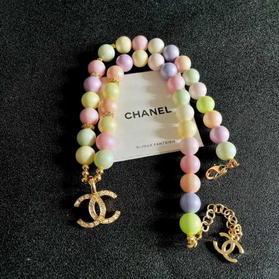 Chanel CC Logo Pastel Bead Necklace necklace Gold-tone metal with clear crystal accents pastel multicolor beads pink yellow mint green lavender peach cream 42cm with 5cm extender chain