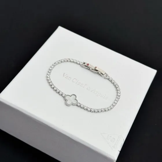 Van Cleef Arpels Alhambra bracelet Silver-toned metal white mother-of-pearl clear diamond simulants 17cm