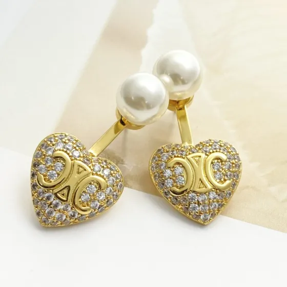 Celine Triomphe Heart Pearl Crystal Earrings earrings Gold-tone metal white pearl clear crystal One Size