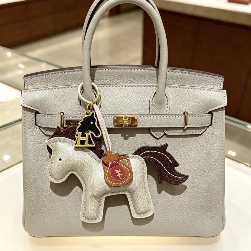 Hermes Rodeo Pegase Horse Bag Charm pendant Light gray grained leather with dark brown leather mane tail tan leather saddle gold-tone metal hardware black enamel H horse charm burgundy leather money bag charm 8cm charm with 12cm leather strap