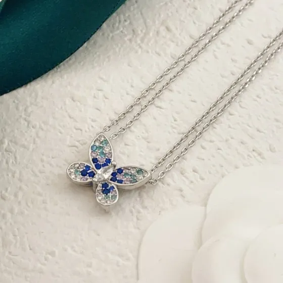Graff Butterfly necklace White gold with blue teal purple and clear gemstones 40-45cm adjustable