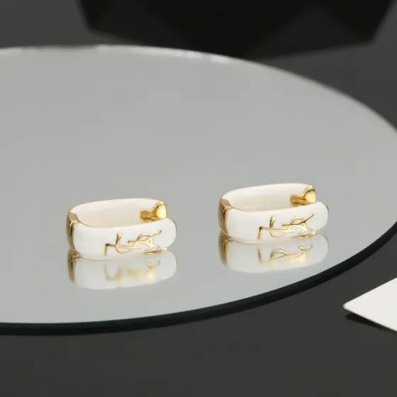 Saint Laurent Cassandre earrings gold-tone metal with white enamel 1 5cm hoop diameter