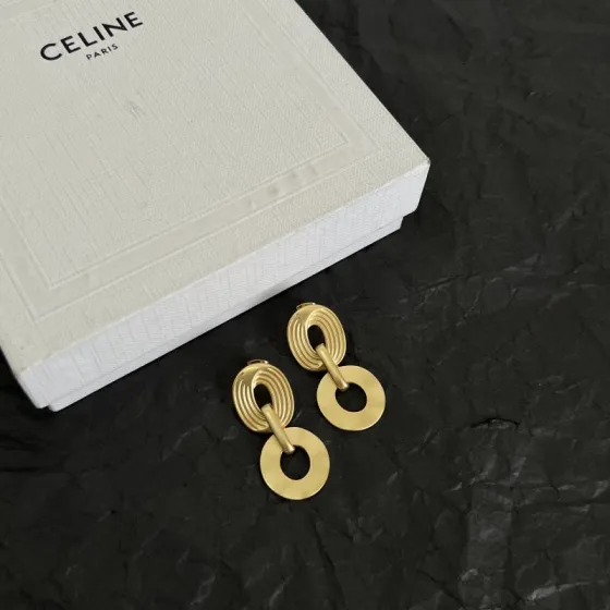 Celine Ridged Oval Link Disc Drop Earrings earrings Matte gold-tone metal no gemstones also available in matte silver-tone metal 3 5cm drop length