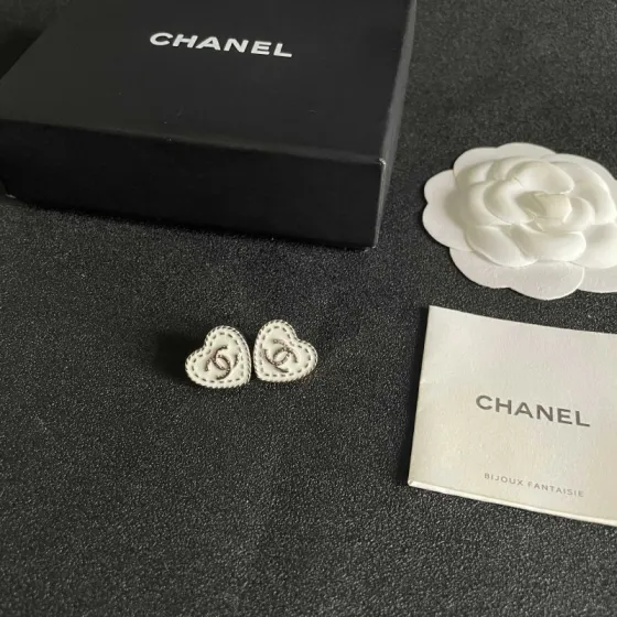 Chanel CC Heart Stitch Stud Earrings earrings light gold tone metal with white enamel and crystal accents 1 5cm stud diameter