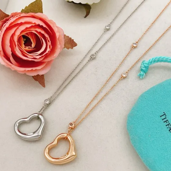 Tiffany Elsa Peretti Open Heart necklace sterling silver 18k rose gold clear diamond 16 inches