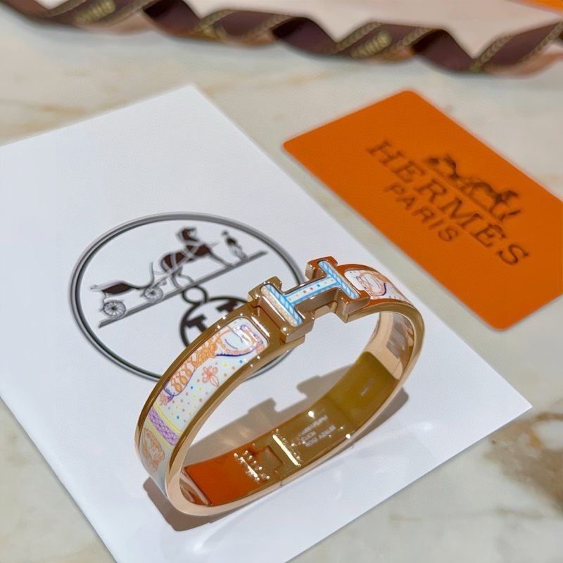 Hermes Clic H bracelet rose gold plated metal with multicolor whimsical horse print white enamel PM