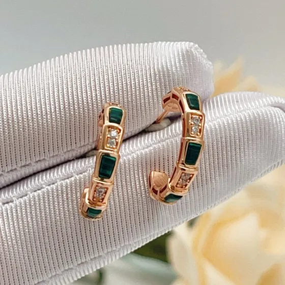 Bvlgari Serpenti Viper earrings Rose gold green malachite clear diamond 15mm hoop diameter