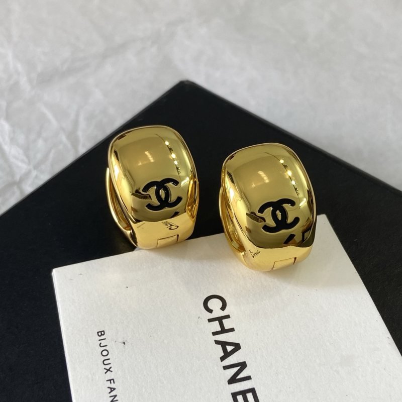 Chanel CC Logo Dome Clip-On Earrings earrings Polished gold-tone metal with black enamel CC logo One Size