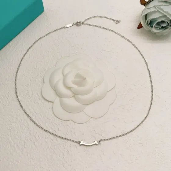Tiffany Co T Smile necklace silver white gold no gemstones 40-45cm adjustable