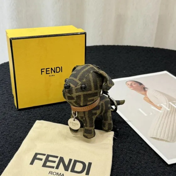 Fendi FF Monogram Puppy Bag Charm pendant Tobacco brown and black FF canvas tan leather collar silver-tone metal hardware black enamel eyes and nose 10cm charm with 5cm strap