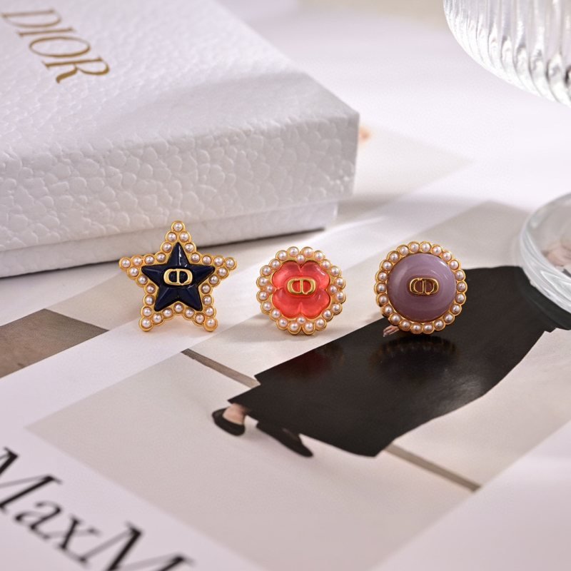 Dior Petit CD Lucky Charms Stud Earrings Set earrings Gold-tone metal with white faux pearls navy blue enamel star coral pink resin flower lavender purple resin disc gold CD logo accents One Size 1 2cm diameter per