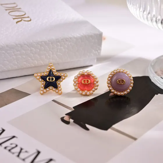 Dior Petit CD Lucky Charms Stud Earrings Set earrings Gold-tone metal with white faux pearls navy blue enamel star coral pink resin flower lavender purple resin disc gold CD logo accents One Size 1 2cm diameter per