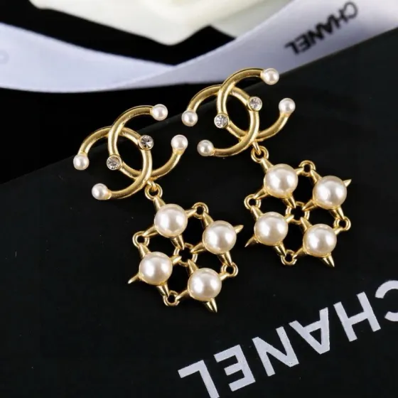Chanel CC Logo Pearl Star Drop Earrings earrings gold-tone metal white faux pearls clear crystal accents 3 2cm drop length