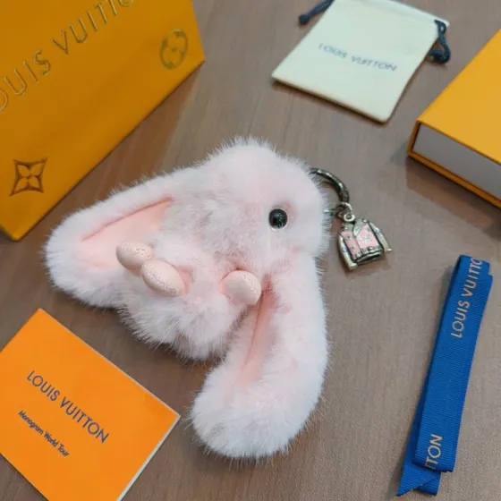 Louis Vuitton Anger Forest Bunny Key Charm pendant light pink mink fur gunmetal silver hardware pink enamel charm black resin eye 12cm total length