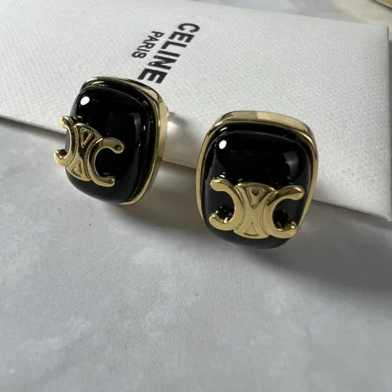 Celine Triomphe Resin Square Stud Earrings earrings gold-tone metal with black pink and light blue resin accents 2cm stud diameter