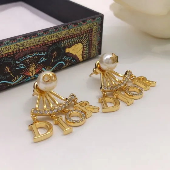 Dior DED0079 earrings Gold-tone metal white faux pearl clear crystal One Size