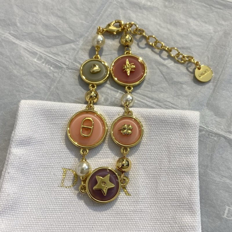 Dior Colorful Small Circle Lucky Charm Bracelet bracelet Gold-tone metal with white faux pearls multicolor enamel sage green dusty rose peach plum and gold-tone charms heart bee CD logo clover star 18cm with 5cm extension chain