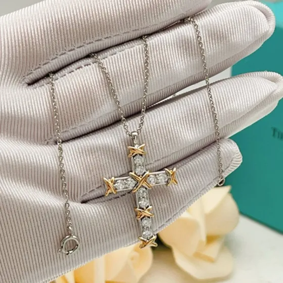Tiffany Co Jean Schlumberger Cross Pendant necklace Two-tone silver and yellow gold with clear diamond stones 18 inches