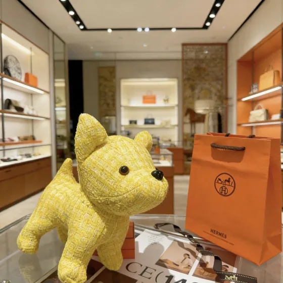 Hermes Buddy Dog Charm pendant Yellow tweed with black resin accents 28cm