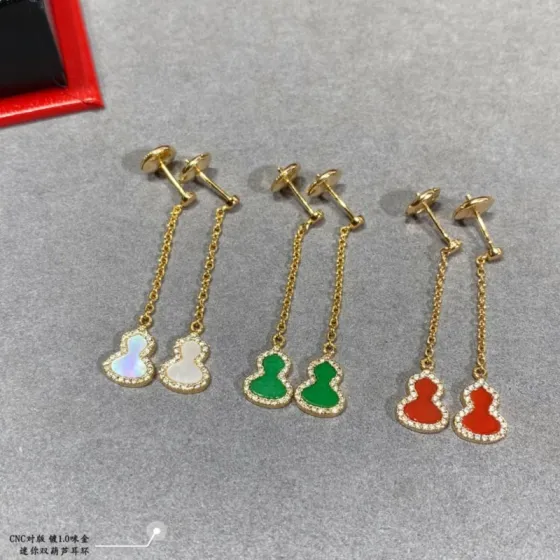 Qeelin Kirin Mini Gourd earrings gold plated metal with white mother-of-pearl green malachite red carnelian inlays and clear diamond accents 2cm drop length