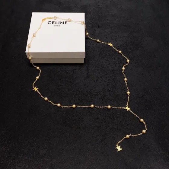 Celine Triomphe Pearl Lariat necklace gold-tone metal with cream pearls 80cm