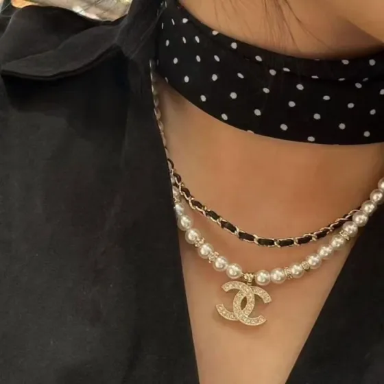 Chanel CC Logo Layered Pearl Leather Chain Necklace necklace Gold-tone metal white faux pearl black leather clear crystal 42cm