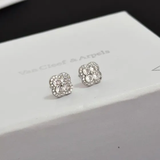 Van Cleef Arpels Alhambra earrings white gold metal with clear diamond stones 8mm stud diameter