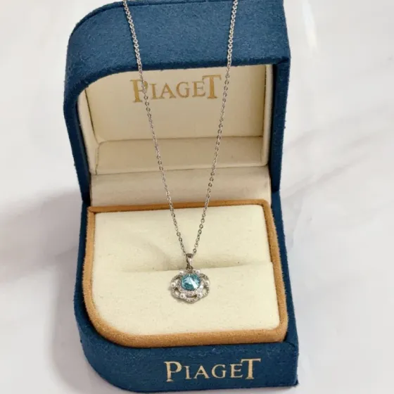 Piaget Rose necklace silver-toned metal sky blue gemstone clear diamond accents white pearl accents 42cm