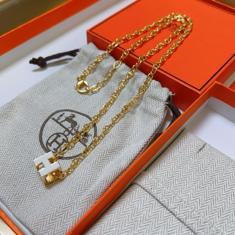 Hermes Cage d H necklace gold-tone metal with white enamel 40cm