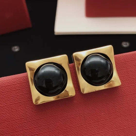 Saint Laurent YED0020 Square Cabochon Stud Earrings earrings gold-tone metal with black cabochon stone 2cm stud diameter