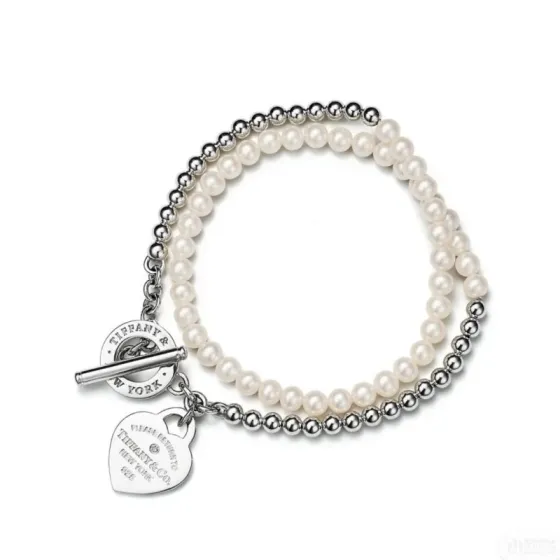 Tiffany Co Return to Tiffany Heart Tag Pearl Bead Wrap Bracelet bracelet Sterling silver white freshwater pearl clear diamond accent 18cm