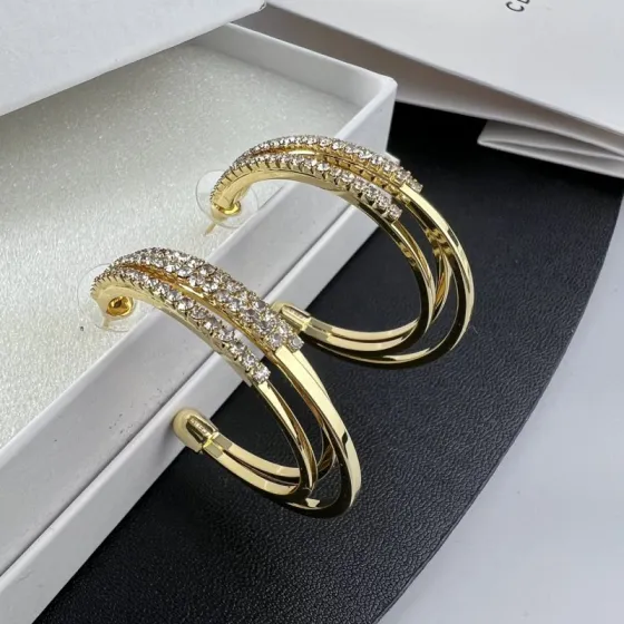 Celine YHED055 Triple Hoop Crystal Earrings earrings gold-tone metal with clear crystal accents 4 5cm hoop diameter