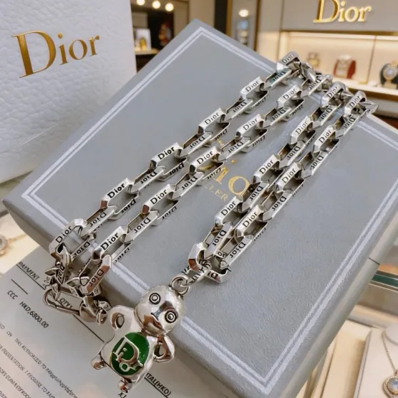 Dior Dior x Kenny Scharf Character Pendant Chain necklace Silver-toned metal with green enamel accent 60cm