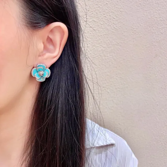 Chanel Camelia CC Stud Earrings earrings silver tone metal turquoise enamel clear crystal 1 8cm diameter