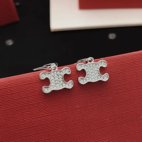 Celine Triomphe earrings silver-toned metal with clear pave crystals 1 5cm drop length