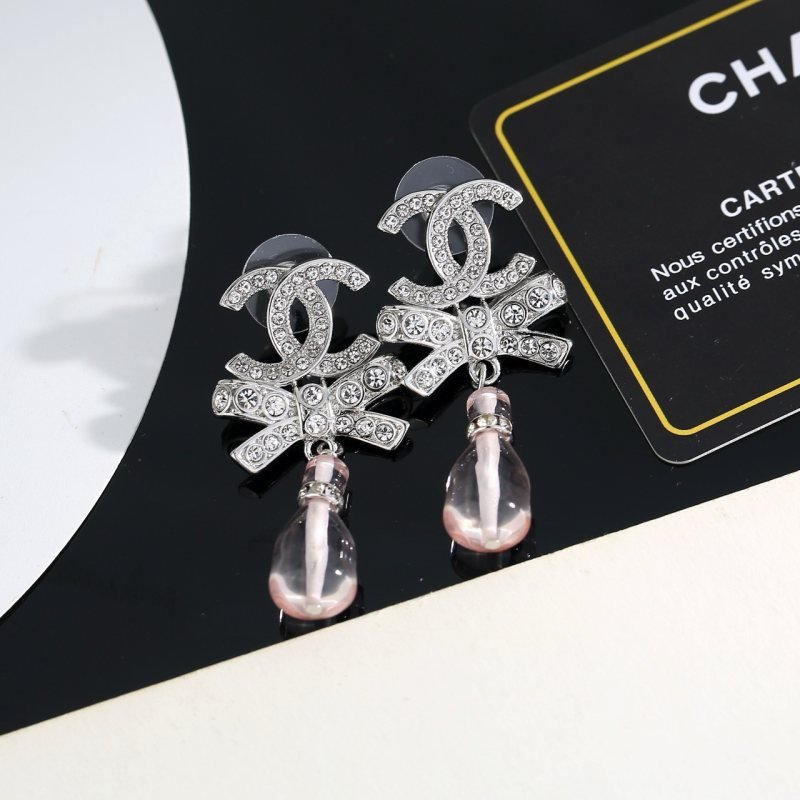 Chanel CC Bow Perfume Bottle Drop Earrings earrings Silver-tone metal with clear crystals pale pink transparent resin perfume bottle charms One Size drop length approx 3 5cm