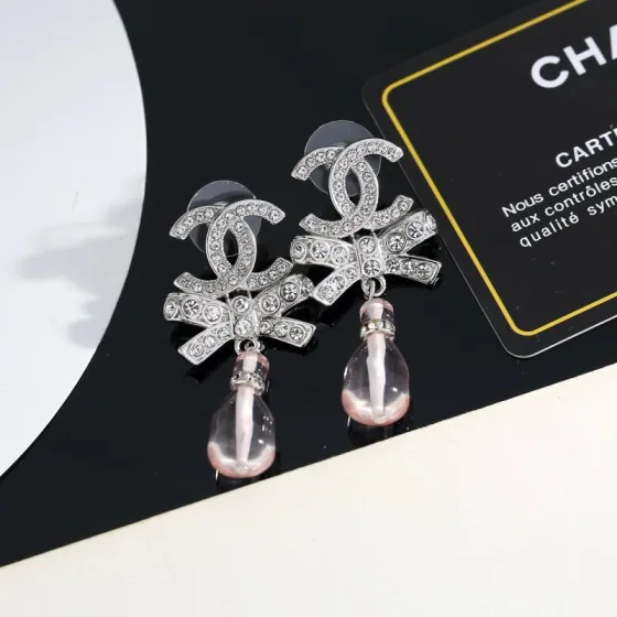 Chanel CC Bow Perfume Bottle Drop Earrings earrings Silver-tone metal with clear crystals pale pink transparent resin perfume bottle charms One Size drop length approx 3 5cm