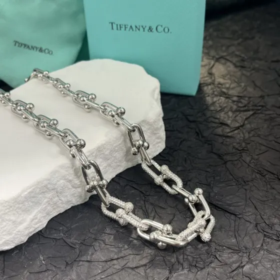 Tiffany Co HardWear necklace silver-toned metal with clear pave diamond accents 18 inches