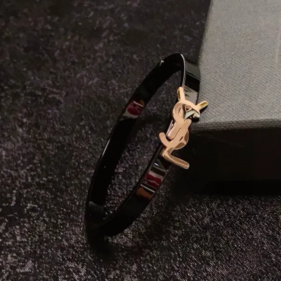 Saint Laurent Cassandre YSL Monogram Bangle bracelet black enamel band with gold-tone metal logo 17cm inner circumference