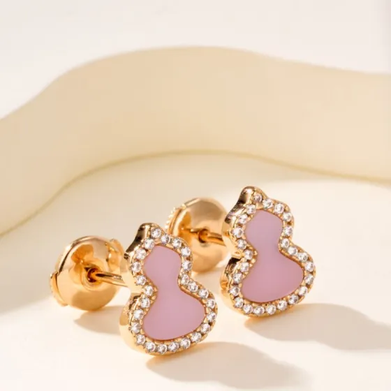 Qeelin Wulu Mini earrings 18k rose gold with diamond pave available with pink opal white mother-of-pearl red agate or green jade inlay mini stud 8mm width