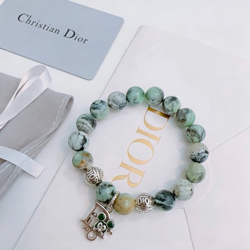 Dior Beaded Charm Bracelet bracelet Silver-tone metal with variegated green white and yellow natural stone beads accented with dark green cabochon stones 18cm