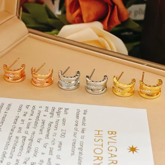 Bvlgari B zero1 earrings Available in rose gold silver white gold and yellow gold each set with clear pave diamonds 10mm hoop diameter