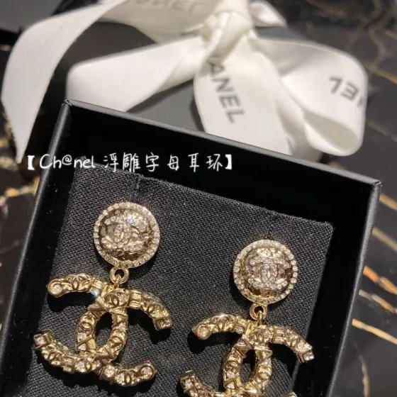 Chanel Embossed CC Logo Drop Earrings earrings Gold-tone metal with clear crystal accents One Size drop length approx 3cm