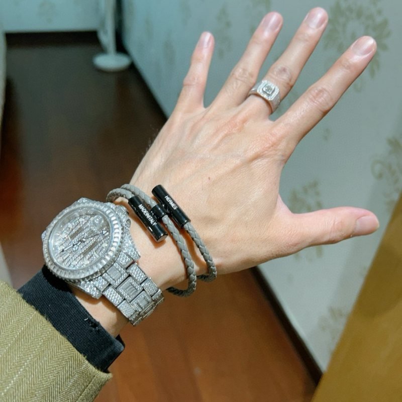 Hermes Tournis Tresse bracelet gray braided leather gunmetal black hardware 19cm
