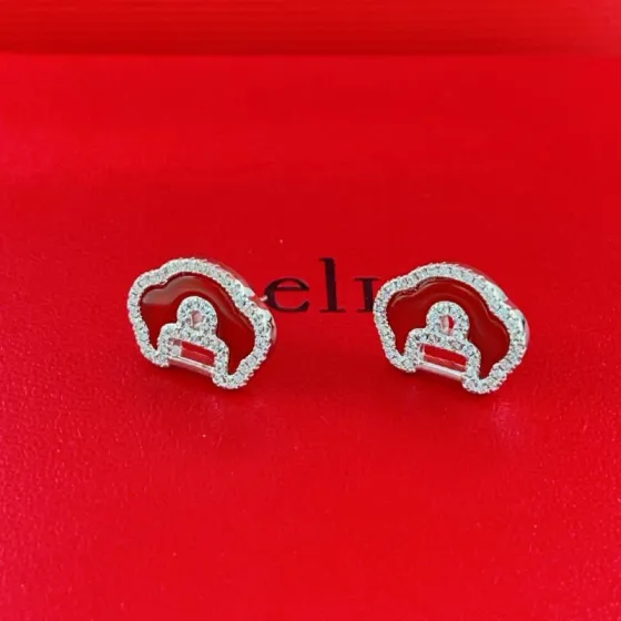Qeelin Yu Yi earrings silver-toned white gold with clear pave diamonds and red carnelian inlay 10mm stud diameter
