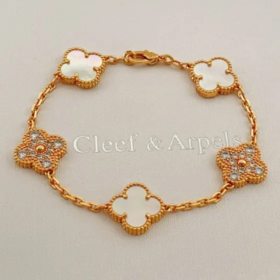 Van Cleef Arpels Alhambra bracelet Yellow gold with white mother-of-pearl and clear diamond accents 17cm