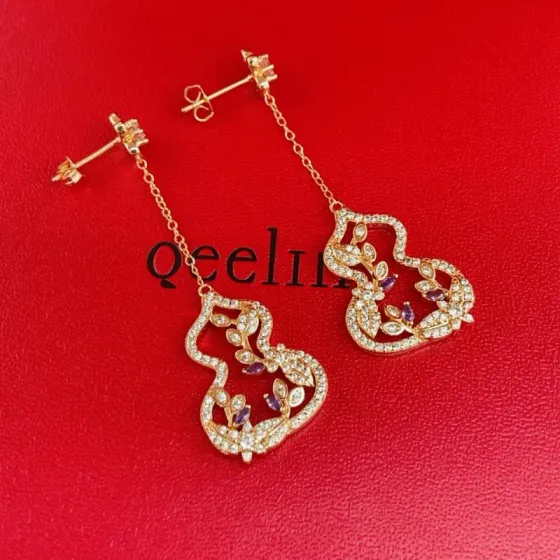 Qeelin Wulu Garden earrings Rose gold with clear diamonds and purple gemstones 4 5cm drop length